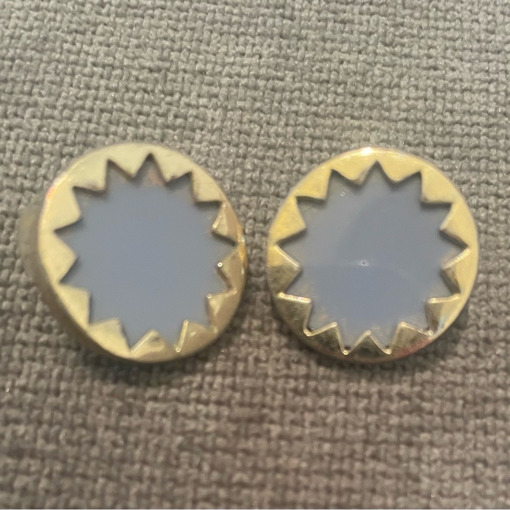 House of Harlow Leather Round Sunburst Earrings- light blue and gold plated.